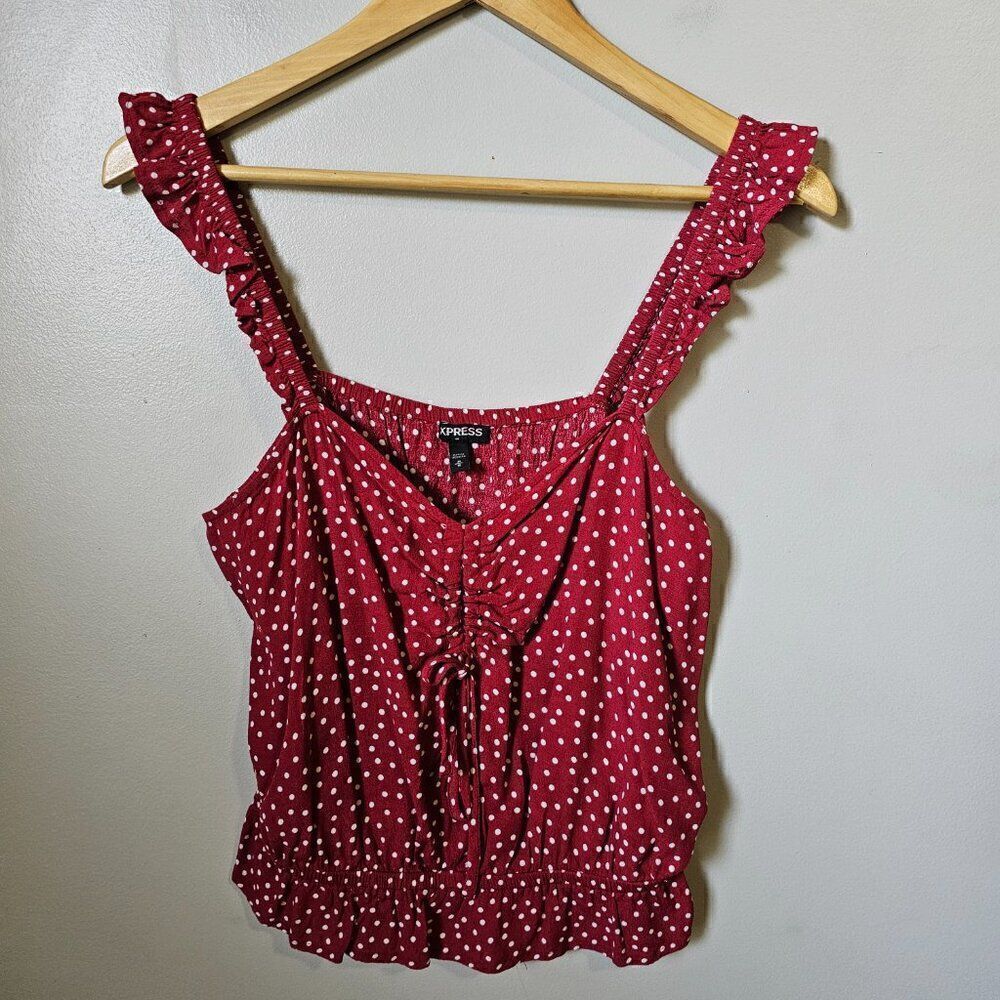 EUC EXPRESS POLKA DOT RED/WHITE FLUTTER STRAPS CINCHED SWEETHEART NECK TANK M